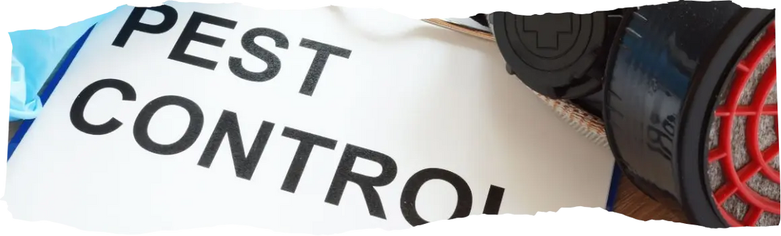 An image of a clipboard with the words pest control, rubber gloves, and protective mask.